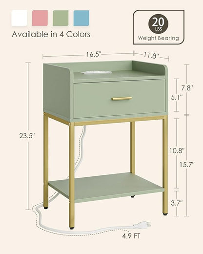 Masupu Nightstand with Charging Station,3-Tier Modern Bedside Night Stand with Storage Drawer and Shelf,Small End Side Table for Bedroom,Living Room,Gold and Green