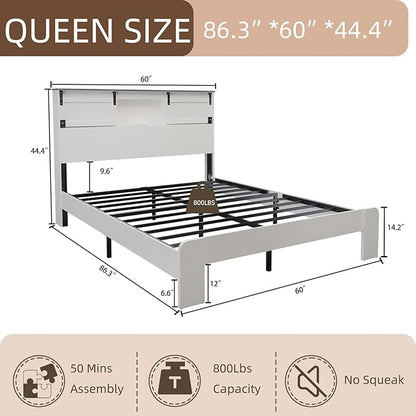 Queen Wood Bed Frame, Sliding Barn Door Storage Headboard with LED Lights and Charging Station, Farmhouse Wood Platform Bed with Metal Slat Supports, No Box Spring Required, Noiseless, White