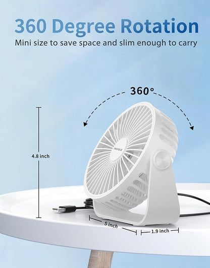 TriPole USB Desk Fan Portable Mini Fan Powerful 3 Speeds Wind Personal Desktop Fan with 360° Head Rotation for Home Office Car Indoor Outdoor White, No Battery, 4.5 Inches