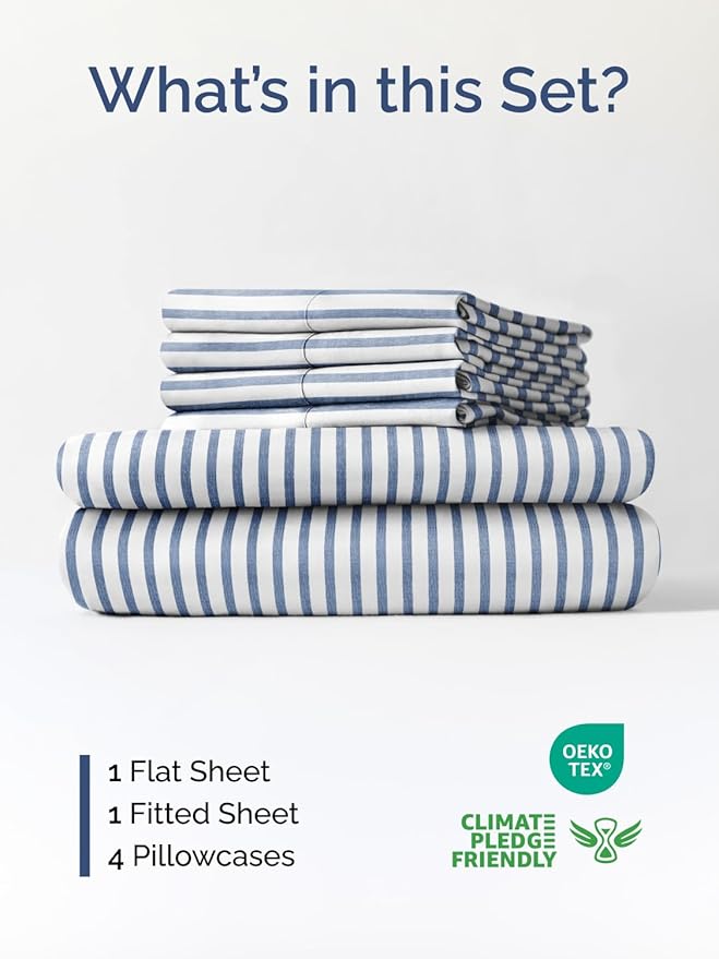 Extra Deep Full Sheet Set - 6 Piece Breathable and Cooling Sheets - Hotel Luxury Bed Sheets Set - Easy Fit - Soft, Wrinkle Free and Comfy Sheets Set - Blue Striped Sheet Set with Extra Deep Pockets