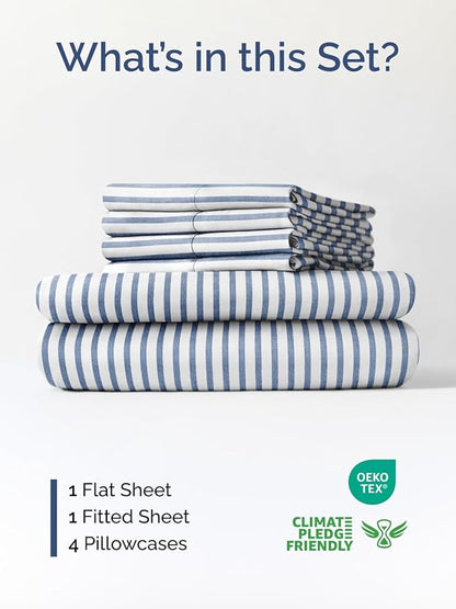 Extra Deep Full Sheet Set - 6 Piece Breathable and Cooling Sheets - Hotel Luxury Bed Sheets Set - Easy Fit - Soft, Wrinkle Free and Comfy Sheets Set - Blue Striped Sheet Set with Extra Deep Pockets
