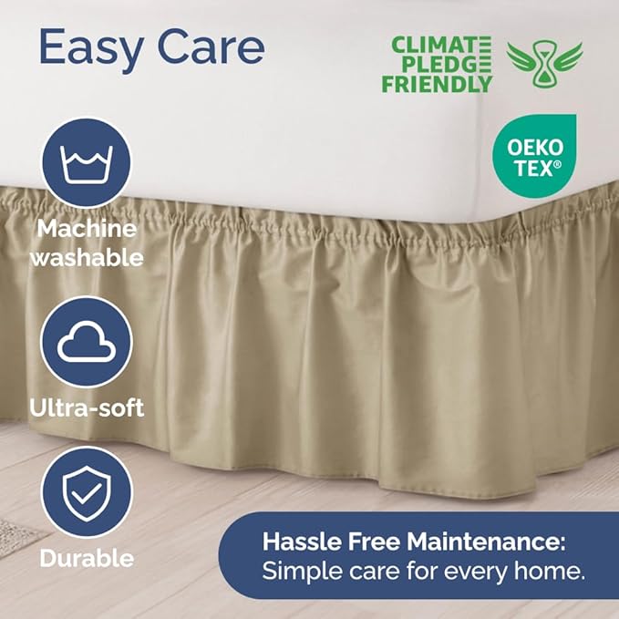 Wrap Around Dust Ruffle Bed Skirt - Beige - for Queen Size Beds with 18 Inch Drop - Easy Fit Elastic Strap - Adjustable Pleated Bedskirt w/Brushed Fabric - Wrinkle Free - for Women, Men, Kids & Teens