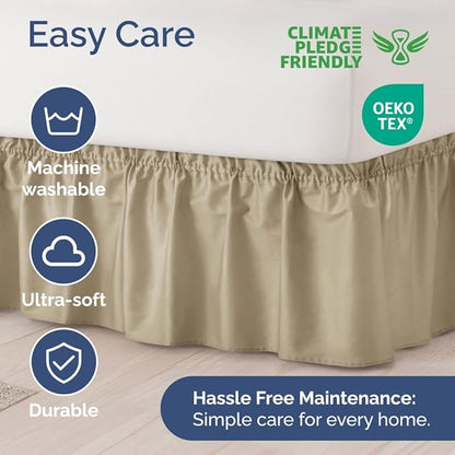 Wrap Around Dust Ruffle Bed Skirt - Beige - for Full Size Beds w/ 16 Inch Drop - Easy Fit Elastic Strap - Adjustable Pleated Bedskirt w/Brushed Fabric, Wrinkle & Fade Free Women, Men, Kids & Teens