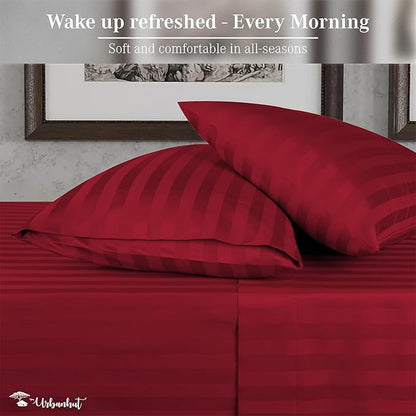 URBANHUT 800 Thread Count 100% Cotton Damask Queen Size Sheets, 4 Piece Striped Queen Size Bedsheets, Luxury Hotel Sheets Sateen Weave - Better Than Egyptian, 16" Elasticized Deep Pocket- Burgundy