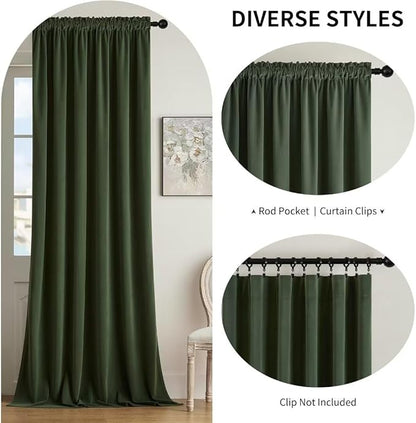Joydeco Dark Olive Velvet Curtains 120 inch Length 2 Panels, Luxury Blackout Rod Pocket Thermal Insulated Window Curtains, Super Soft Room Darkening Drapes for Living Room Bedroom,W52 x L120 inches