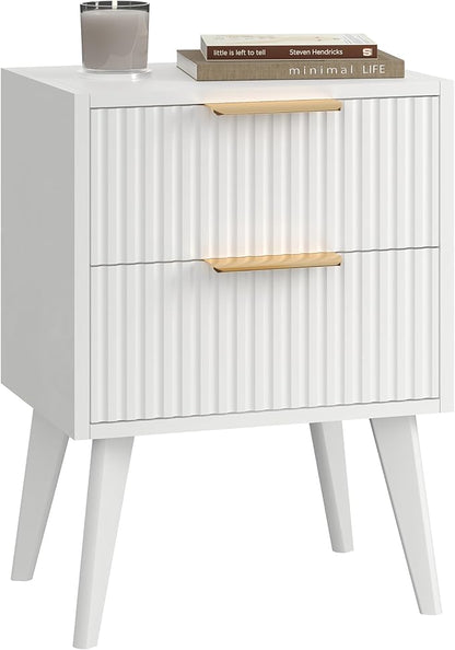 YAUKOMEL Fluted Nightstand with 2 Drawers,Modern Bedside Table with Metal Handles,Side Table with Solid Wood Legs,End Table for Living Room,Bedroom,Small Spcae 11.8" D x 16" W x 22.4" H White CTG55W