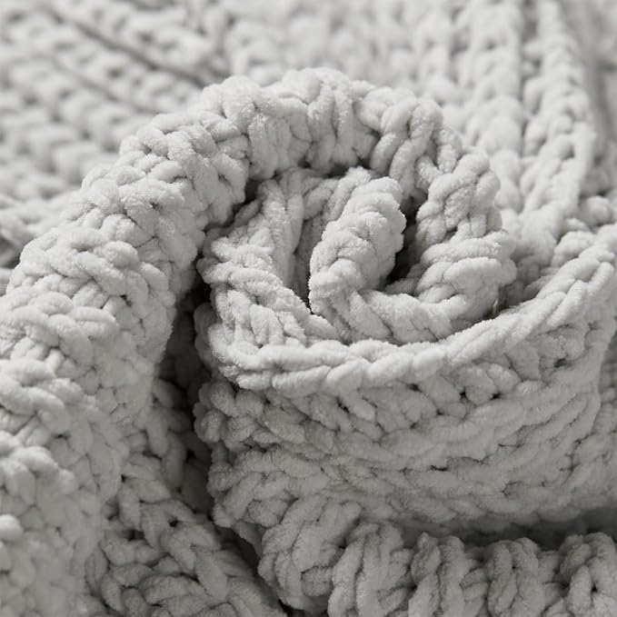 Amélie Home Chevron Chenille Knit Throw Blanket for Couch, Cozy Texture Decorative Soft Blanket for Sofa & Chair, 50"x60", Light Grey