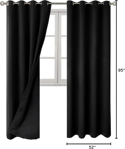 BGment Black Blackout Curtains 95 Inches Long 2 Panels Set for Living Room, Thermal Insulated 100% Light Blocking Curtains & Drapes, Grommet Soundproof Curtains for Bedroom Window, Each 52 Wide
