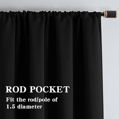 Black Blackout Curtains 96 Inch Length 2 Panels Set, Black Out Curtains for Bedroom 96 Inch Long, Rod Pocket Energy Saving Room Darkening Drapes for Living Room Window(W52 x L96)