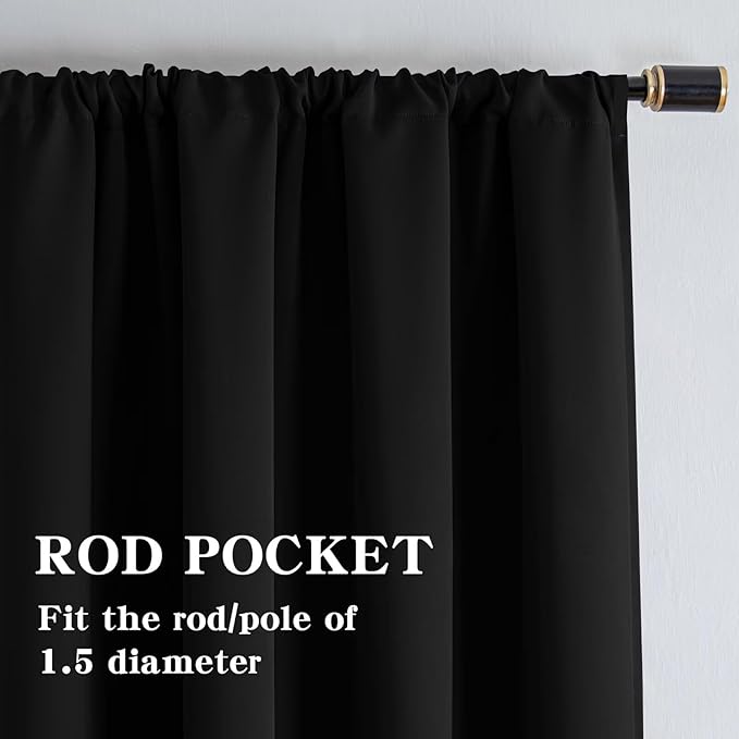 Black Blackout Curtains 72 Inch Length 2 Panels Set, Black Out Curtains for Bedroom 72 Inch Long, Rod Pocket Energy Saving Room Darkening Drapes for Living Room Window(W52 x L72)