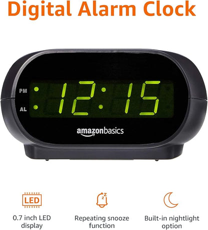 Amazon Basics Small Digital Oval Alarm Clock With LED Display, Nightlight & Battery Backup, Black, 4.5 x 3.5 x 2.4 Inches