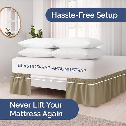 Wrap Around Dust Ruffle Bed Skirt - Khaki - Twin/Twin XL Size Beds w/ 12 Inch Drop - Easy Fit Elastic Strap - Adjustable Pleated Bedskirt w/Brushed Fabric - Wrinkle Free - Women, Men, Kids & Teens