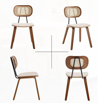 HEAH-YO Modern Dining Chairs Set of 2, Upholstered Faux Leather Dining Room Chairs with Rattan Backrests and Wood Legs, Armless Kitchen Chairs for Dining Room, Beige