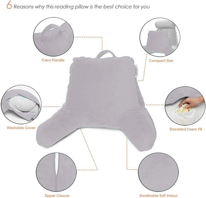 Nestl Reading Pillow with Shredded Memory Foam, Designed for Sitting Up in Bed and Couch, Back and Arms Adjustable Support for Adult & Teens Backrest Pillows for Reading, Washable Cover, Grey Lavender