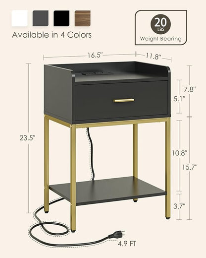 Masupu Nightstand with Charging Station,3-Tier Modern Bedside Night Stand with Storage Drawer and Shelf,Small End Side Table for Bedroom,Living Room,Gold and Black