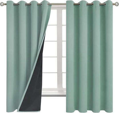 BGment Thermal Insulated 100% Blackout Curtains for Bedroom with Black Liner, Double Layer Full Room Darkening Noise Reducing Grommet Curtain (52 x 63 Inch, Frosty Green, 2 Panels)