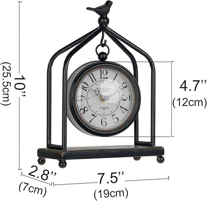 SOFFEE DESIGN 7.5'' x 10'' Mantel Clock Iron Tower Frame, Creative Bird Ornament Tabletop Clock, Silent Clock with Hollow Carved Back Cover for Home Decor, Black