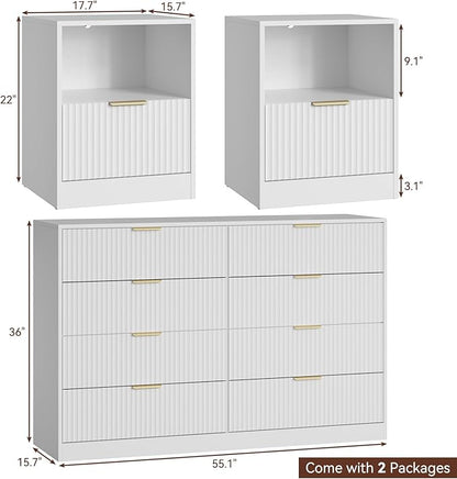 8 Drawer Dresser & Nightstand Set 3-Piece, 55” Wide Bedroom Set Night Stand Set of 2 with Metal Handle, Fluted Modern Wood Chest of Drawers Storage Dressers Set for Bedroom, White