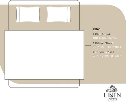 Linen Home 100% Cotton Percale Sheets King Size, Light Taupe, Deep Pocket, 4 Pieces Set - 1 Flat, 1 Deep Pocket Fitted Sheet and 2 Pillowcases, Crisp Cool and Strong Bed Linen