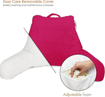 Nestl Reading Pillow with Shredded Memory Foam, Designed for Sitting Up in Bed and Couch, Back and Arms Adjustable Support for Adult & Teens Backrest Pillows for Reading, with Washable Cover Hot Pink
