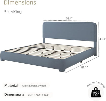 BarnFurin Boucle Upholstered Bed Frame King Size/Cloud Bed Frame/Soft Rounded Corners Headboard/Low Profile/No Box Spring Needed/Blue