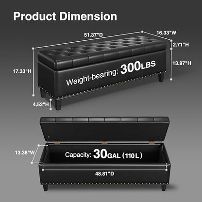 Storage Ottoman Bench,51-Inch Large Storage Bench for Bedroom End of Bed, 30 Gallons Faux Leather Ottoman with Storage for Bedroom, Living Room, Entryway, Black