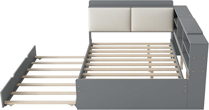 Ball & Cast Full Size Wooden Storage Daybed Frame, Modern Platform Bed with Trundle & Flip Headboard & Shelves, L Shaped Full Floor-Bed w/Upholstered Headboard&Storage, No Box Spring Needed, Gray
