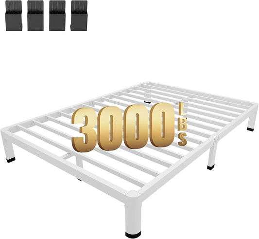 MAF 7 Inch Full Size Metal Platform Bed Frame White with Round Corner Legs, Mattress Slide Stopper, 3000 LBS Heavy Duty Steel Slats Support, Noise Free, No Box Spring Needed, Easy Assembly