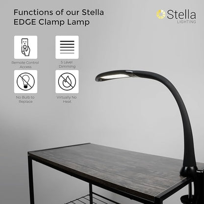 Stella Edge Premium 10W LED Desk Clamp Task Lamp-Black-Adjustable Dimmable Low Vision Natural Table Light - Bright Macular Degeneration Aid Lighting - Hobby, Crafting, Sewing, Artist, Reading, Office