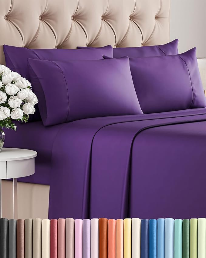 Cal King 6 Piece Sheet Set - Cooling, Comfy & Breathable - Hotel Luxury Bedding, Includes Fitted Sheet for Women, Men, Kids & Teens - 1 Flat, 1 Fitted Sheet, 4 Pillowcases with Deep Pockets - Purple