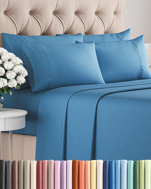 King 6 Piece Sheet Set - Cooling, Comfy & Breathable - Hotel Luxury Bedding, Includes Fitted Sheet for Women, Men, Kids & Teens - 1 Flat, 1 Fitted Sheet, 4 Pillowcases with Deep Pockets - Denim Blue