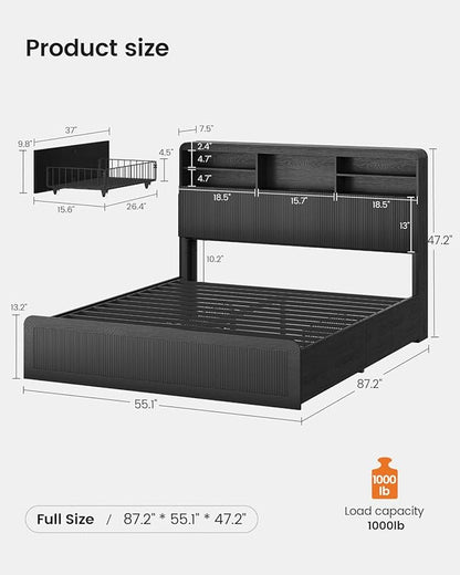 AOGLLATI Full Size Bed Frame with 4 Storage Drawers and Hidden Storage Headboard, Black Led Fluted Bed Frame Full Size with Charging Station and Curved Profile Design,No Box Spring Needed, Black