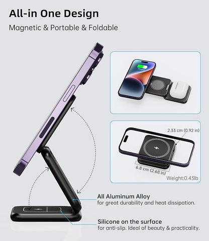 Foldable Magnetic Wireless Charger, KU XIU X40 Aluminum Alloy 3 in 1 Charging Station for Apple, Fast Charging Travel Charger for iPhone 17 16 15 14 13 12, 5W for Apple Watch & AirPods, Black