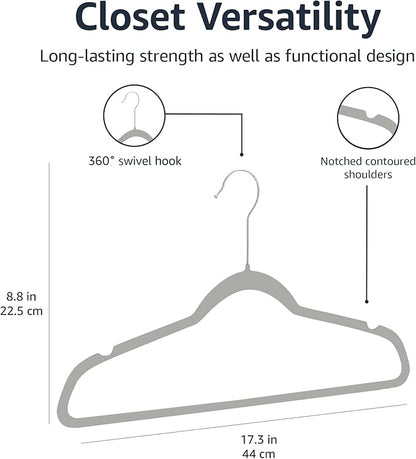 Amazon Basics Slim, Velvet, Non-Slip, Durable Suit Clothes Hangers for Closet, Coats, Pants, Shirts, Gray/Silver, Pack of 100