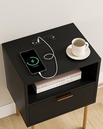 Masupu Nightstand with Charging Station,Mid-Century Modern Bedside Table with Storage Drawer and Open Wood Shelf,Small Gold Frame Side Table for Bedroom,Living Room (Black)