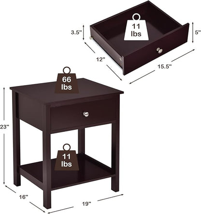 Giantex Nightstand Set of 2, Wood End Table with Drawer and Open Shelf, Night Stand for Small Spaces, 2-Tier Bedside Table for Living Room Bedroom Dorm, Easy Assembly, Brown