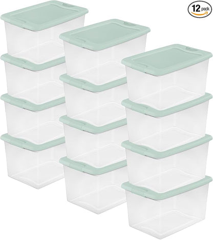 Sterilite 12 Pack Latching Box, Clear Plastic Stackable Storage Bin with Lid, 64 Quart, Mindful Mint