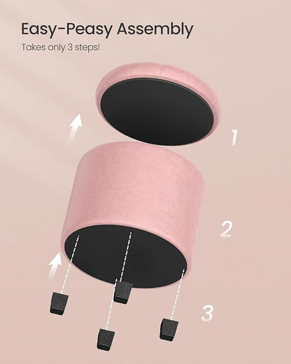 SONGMICS Round Ottoman, Ottoman with Storage, 17.7 x 17.7 x 17.5 Inches, Foot Rest with Legs, Velvet, Load up to 330 lb, for Living Room, Bedroom, Jelly Pink ULOM012R01