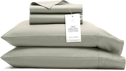 BOLL & BRANCH Signature Hemmed Sheet Set - Full, Sageleaf - Luxury 100% Organic Cotton - Includes 1 Flat, 1 Fitted, 2 Pillowcases - Buttery Soft