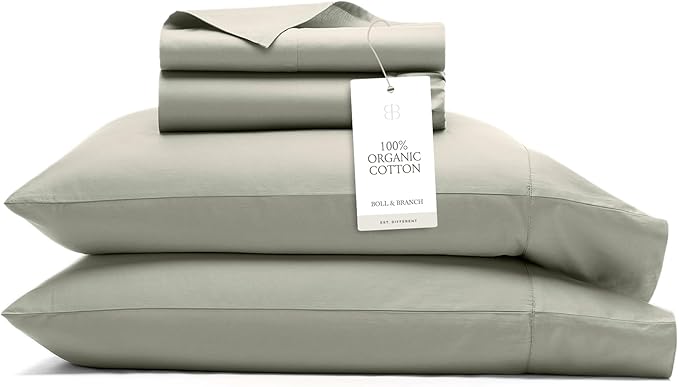 BOLL & BRANCH Signature Hemmed Sheet Set - Split King, Sageleaf - Luxury 100% Organic Cotton - Includes 1 Flat, 2 Fitted, 2 Pillowcases - Buttery Soft
