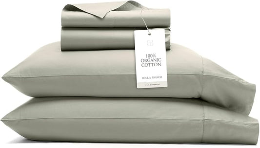 BOLL & BRANCH Signature Hemmed Sheet Set - Split King, Sageleaf - Luxury 100% Organic Cotton - Includes 1 Flat, 2 Fitted, 2 Pillowcases - Buttery Soft