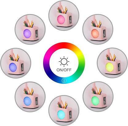 wanjiaone LED Desk Lamp with Clock,Color Changing Nightlight,Study Lamp with Pen Holder,Desk Light with USB Charger,Table Light for Home,Office,Bedroom,Gift for Kids,Students,Women,Pink