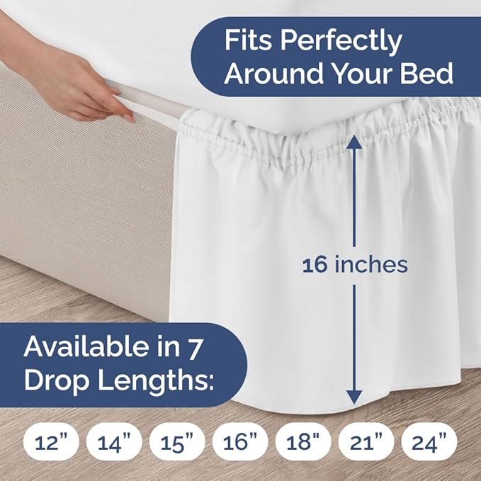 Wrap Around Dust Ruffle Bed Skirt - White - for Twin Size Beds w/ 16 Inch Drop - Easy Fit Elastic Strap - Adjustable Pleated Bedskirt w/Brushed Fabric, Wrinkle & Fade Free Women, Men, Kids & Teens
