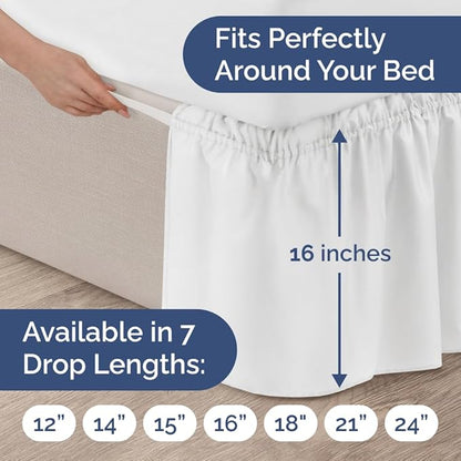 Wrap Around Dust Ruffle Bed Skirt - White - for Full Size Beds w/ 16 Inch Drop - Easy Fit Elastic Strap - Adjustable Pleated Bedskirt w/Brushed Fabric, Wrinkle & Fade Free Women, Men, Kids & Teens