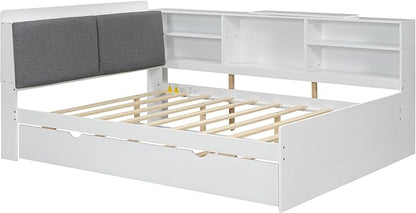 Ball & Cast Full Size Wooden Storage Daybed Frame, Modern Platform Bed with Trundle & Flip Headboard & Shelves, L Shaped Full Floor-Bed w/Upholstered Headboard&Storage, No Box Spring Needed, White