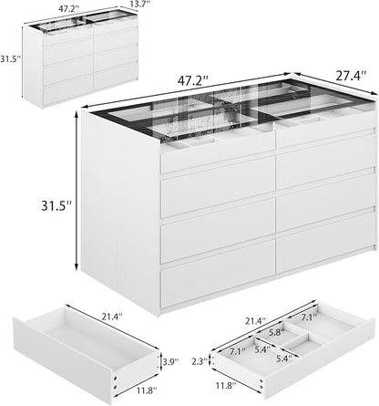 White Dresser for Bedroom Set of 2, 8 Drawer Dresser with Glass Top and LED Light, Modern Chest of Drawers, Jewelry Dressers Display, Dressers Organizer for Bedroom, Closet, Living Room
