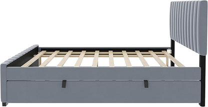 Full Bed Frame with Trundle Bed,Velvet Upholstered Platform Bed Frame,Full Size Trundle Bed with Headboard for Kids Teens Adults(Gray)