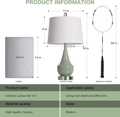 Modern Green Table Lamp Set of 2, 24" Ceramic Table Lamp with USB A+C Ports,Classic Beside Lamps Nightstand Lamp Modern Lamp for Living Room, Bedroom & Office -LED Bulbs Included