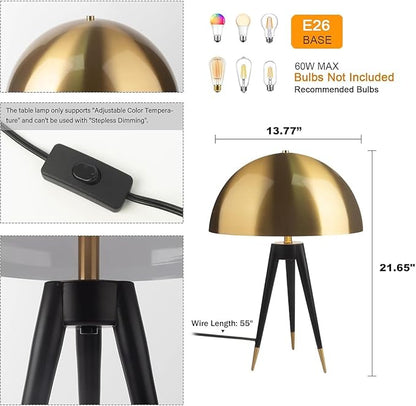 21-inch Tall Metal Table Lamp, Mid Century Side Table Lamp with Retro Gold Dome Shade, 2-Light Black Tripod Desk Lamp for Living Room Bedroom Office Study Room (E26 Base)