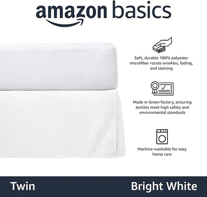 Amazon Basics Lightweight Pleated Bed Skirt, Twin, Bright White, Solid